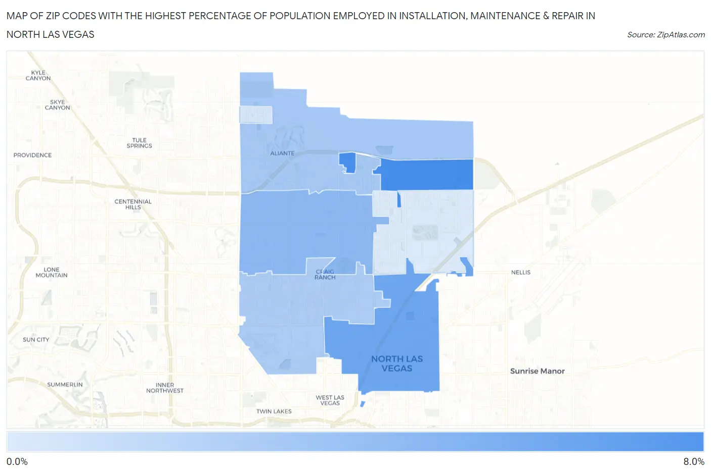 Zip Codes with the Highest Percentage of Population Employed in Installation, Maintenance & Repair in North Las Vegas Map