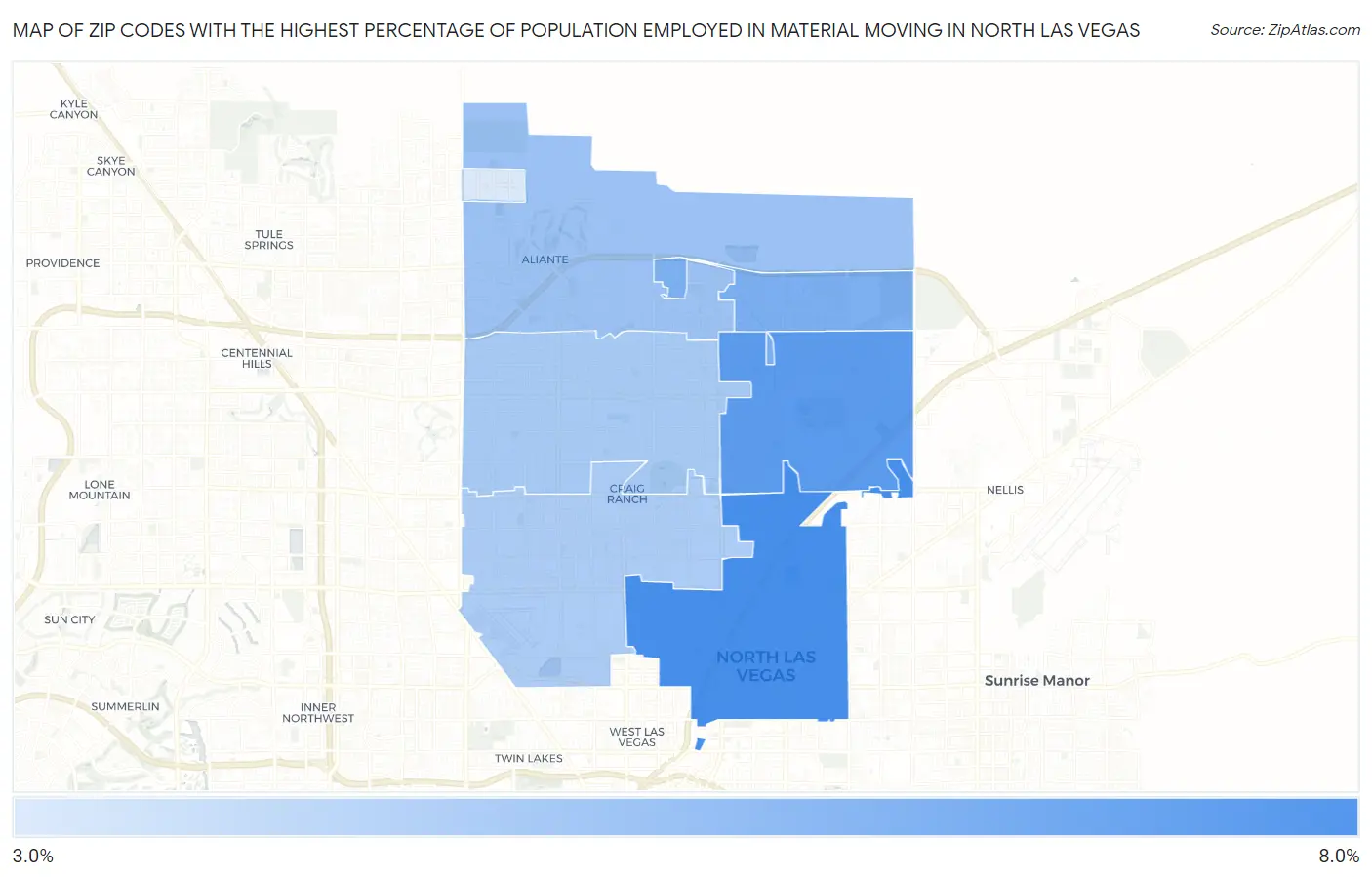 Zip Codes with the Highest Percentage of Population Employed in Material Moving in North Las Vegas Map