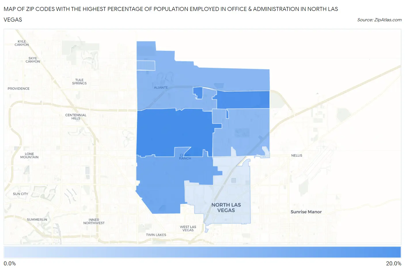 Zip Codes with the Highest Percentage of Population Employed in Office & Administration in North Las Vegas Map