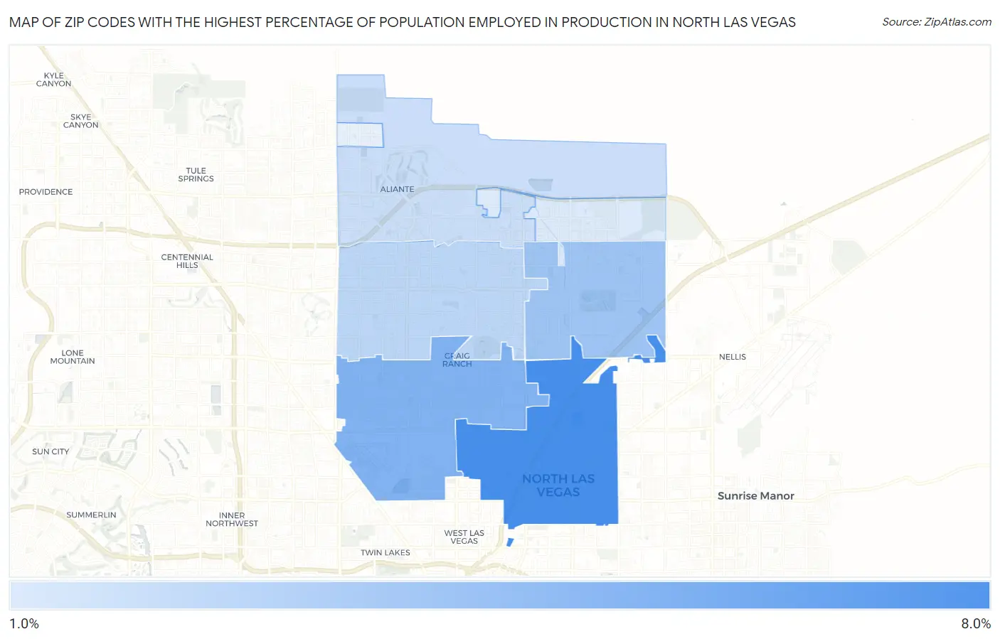 Zip Codes with the Highest Percentage of Population Employed in Production in North Las Vegas Map