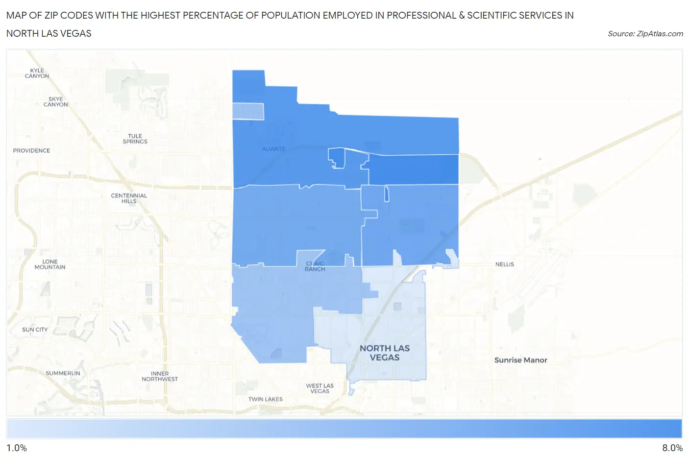 Zip Codes with the Highest Percentage of Population Employed in Professional & Scientific Services in North Las Vegas Map