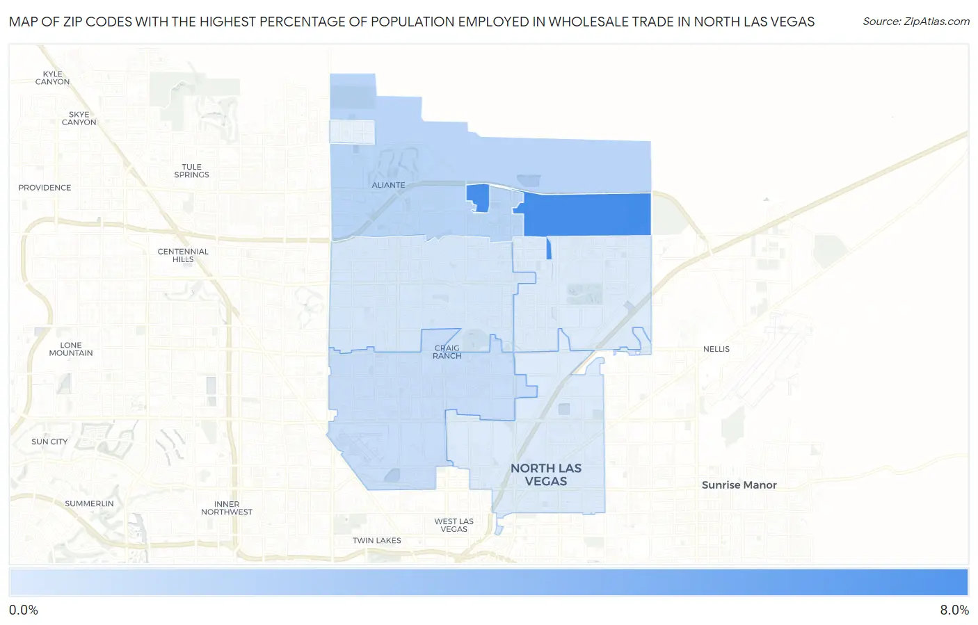 Zip Codes with the Highest Percentage of Population Employed in Wholesale Trade in North Las Vegas Map