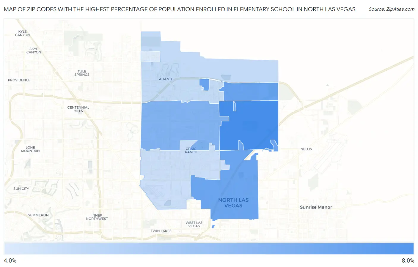 Zip Codes with the Highest Percentage of Population Enrolled in Elementary School in North Las Vegas Map