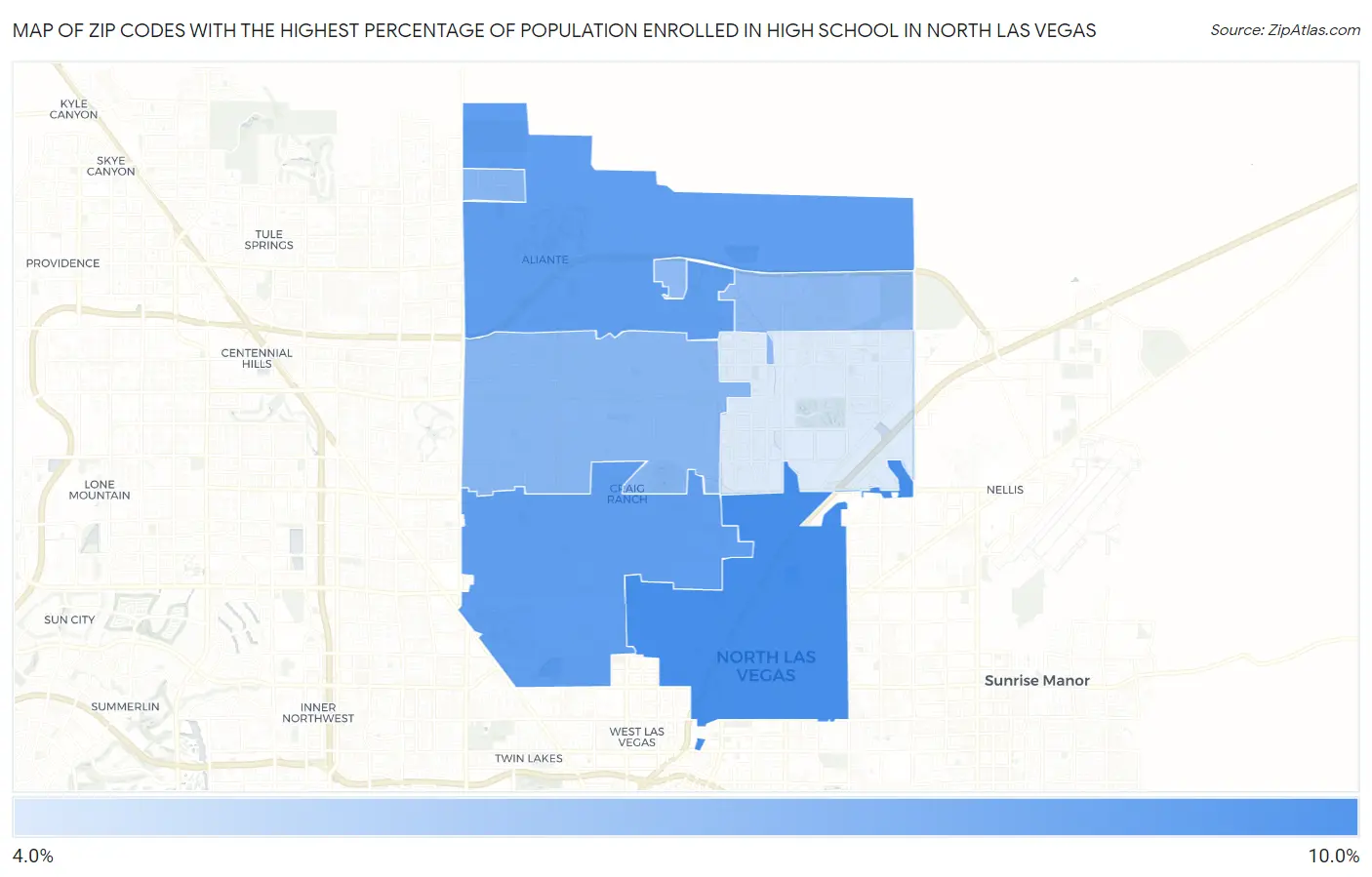 Zip Codes with the Highest Percentage of Population Enrolled in High School in North Las Vegas Map