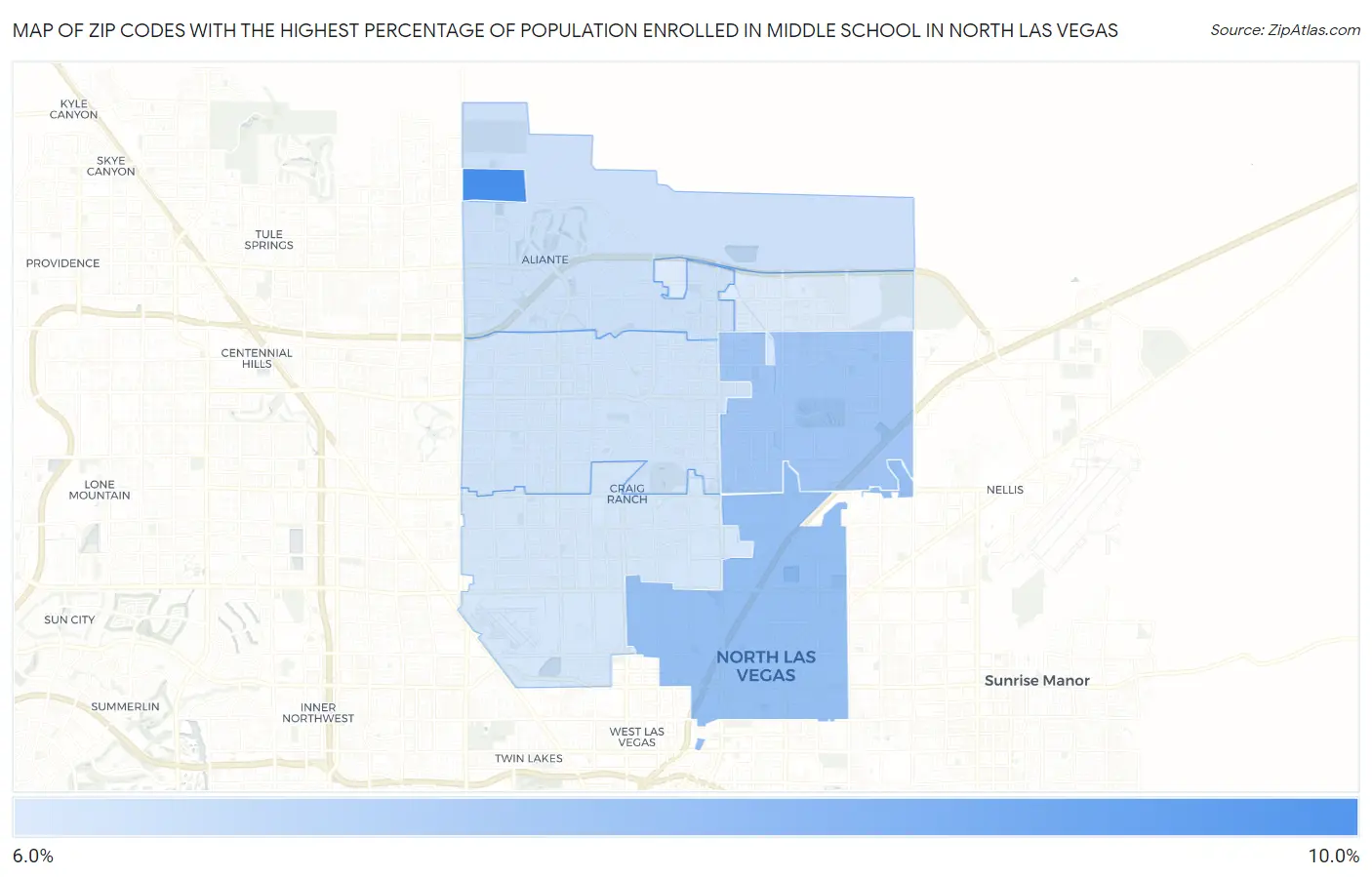 Zip Codes with the Highest Percentage of Population Enrolled in Middle School in North Las Vegas Map