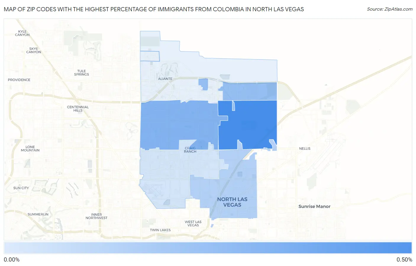 Zip Codes with the Highest Percentage of Immigrants from Colombia in North Las Vegas Map