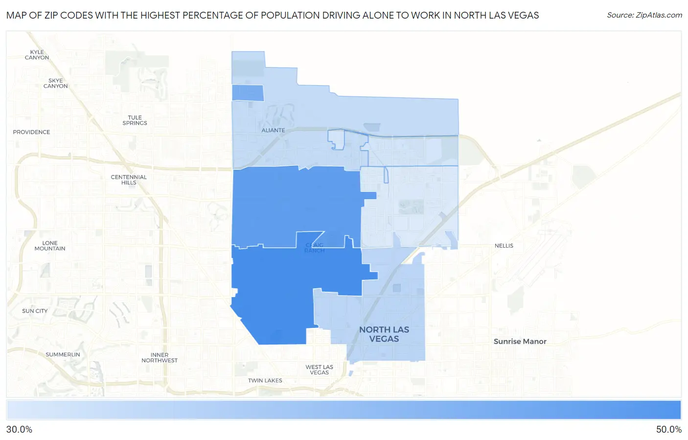 Zip Codes with the Highest Percentage of Population Driving Alone to Work in North Las Vegas Map