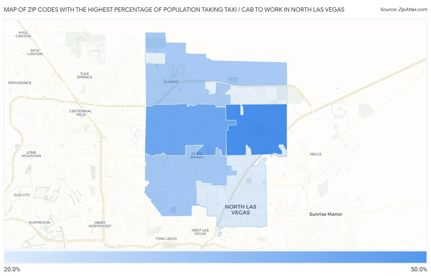 Zip Codes with the Highest Percentage of Population Taking Taxi / Cab to Work in North Las Vegas Map
