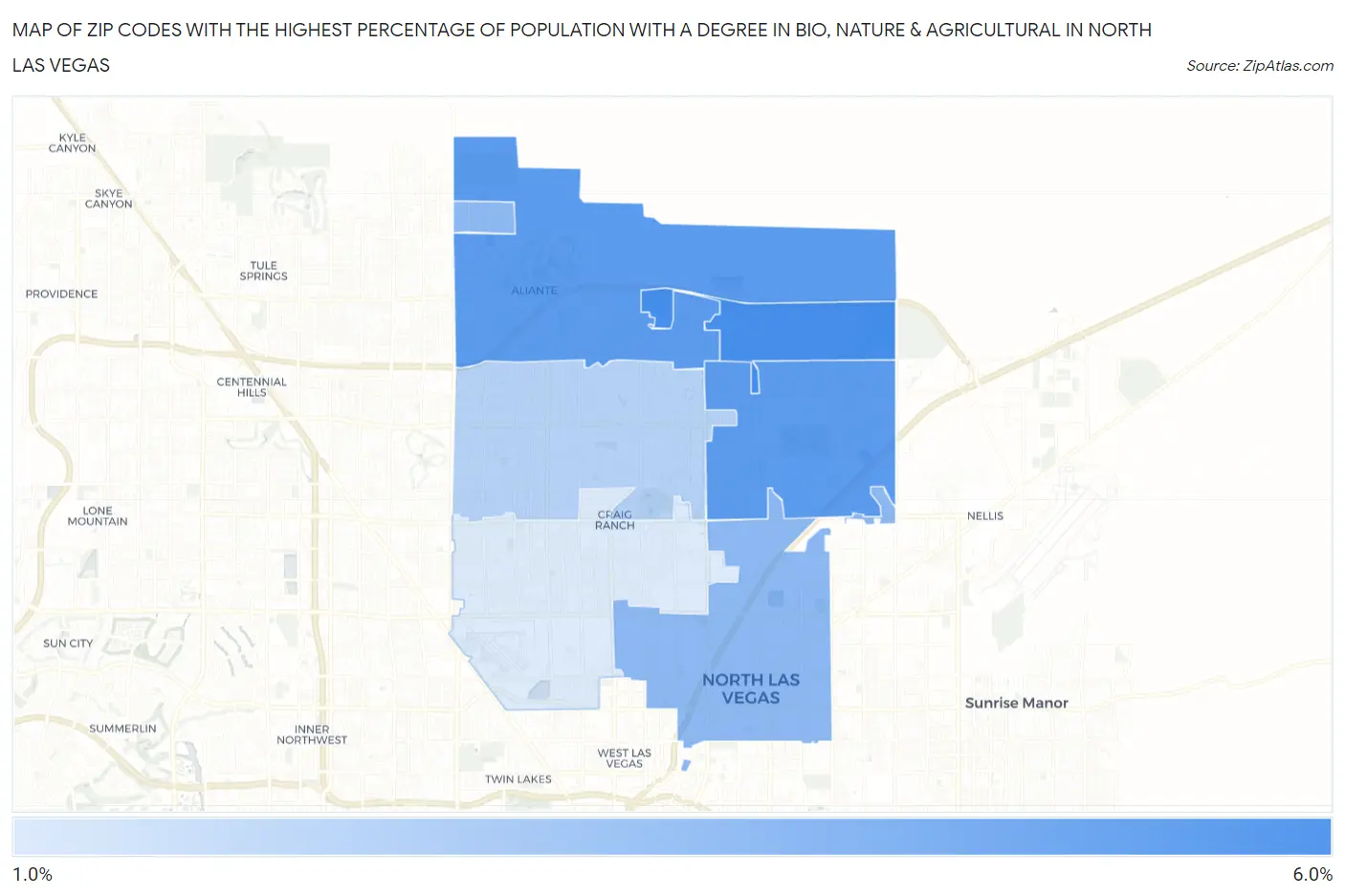 Zip Codes with the Highest Percentage of Population with a Degree in Bio, Nature & Agricultural in North Las Vegas Map