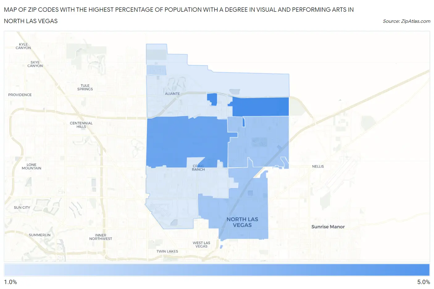 Zip Codes with the Highest Percentage of Population with a Degree in Visual and Performing Arts in North Las Vegas Map