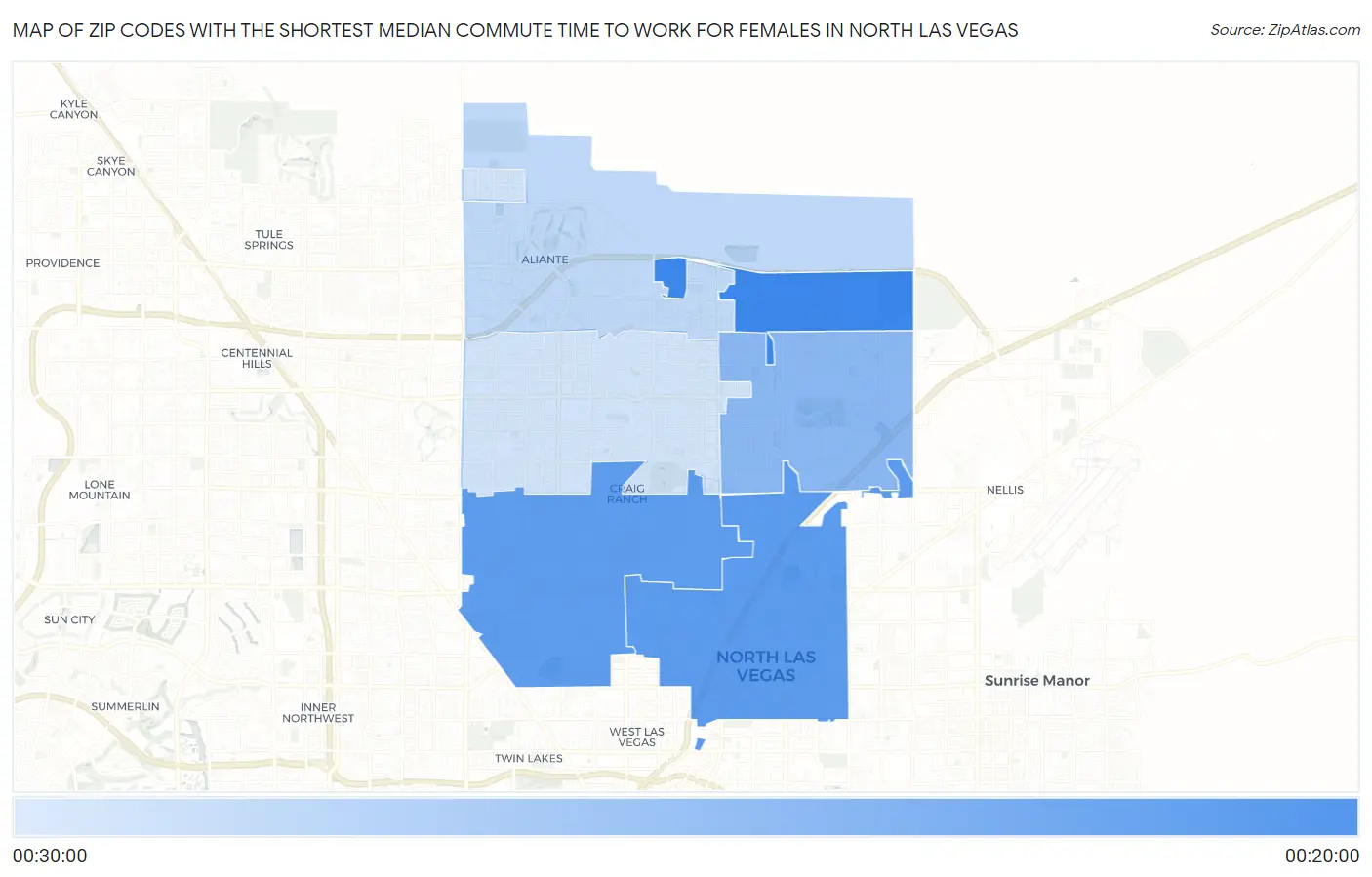 Zip Codes with the Shortest Median Commute Time to Work for Females in North Las Vegas Map