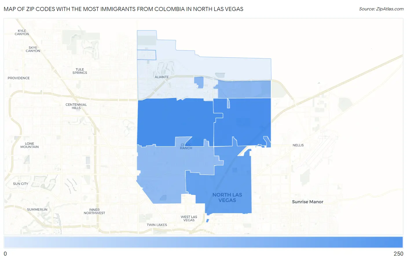 Zip Codes with the Most Immigrants from Colombia in North Las Vegas Map