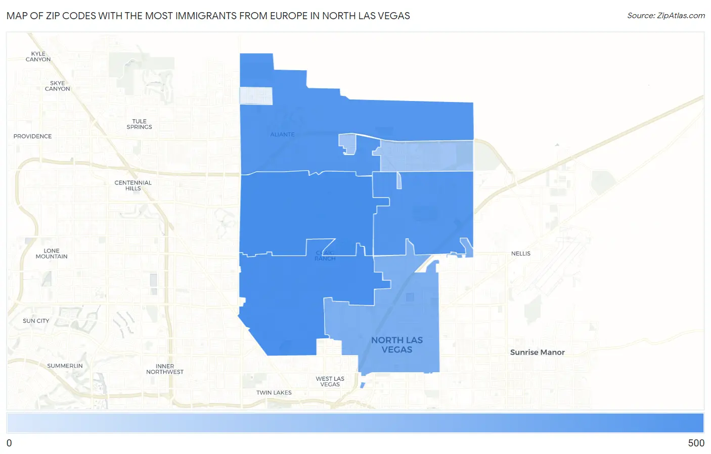 Zip Codes with the Most Immigrants from Europe in North Las Vegas Map