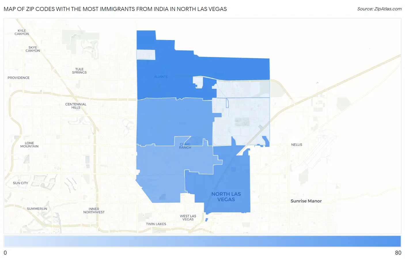 Zip Codes with the Most Immigrants from India in North Las Vegas Map