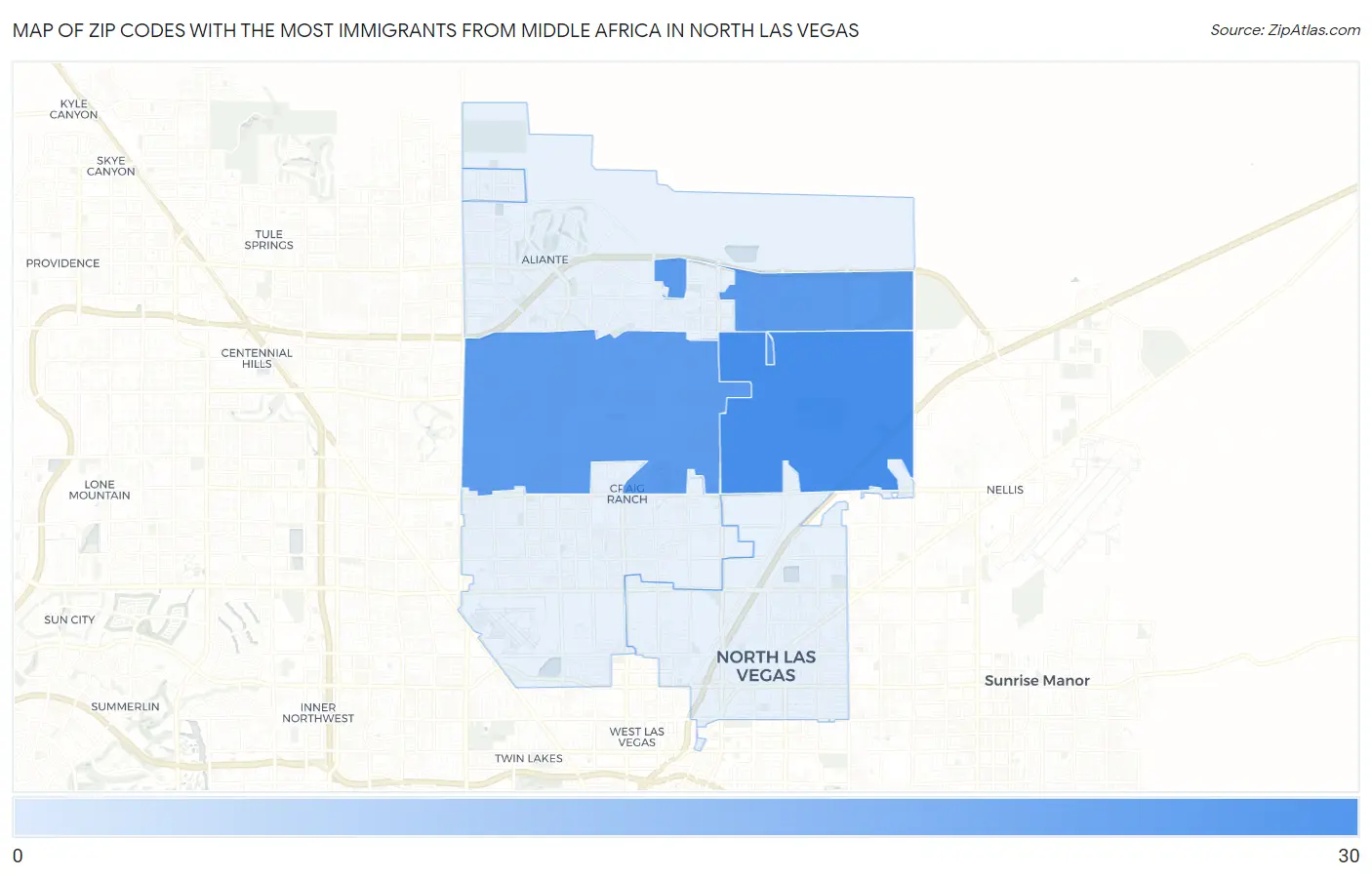 Zip Codes with the Most Immigrants from Middle Africa in North Las Vegas Map