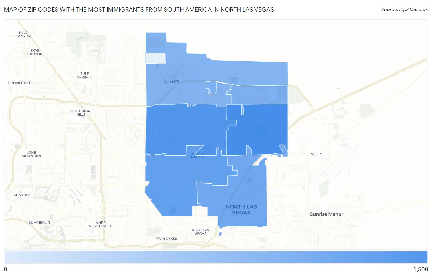 Zip Codes with the Most Immigrants from South America in North Las Vegas Map