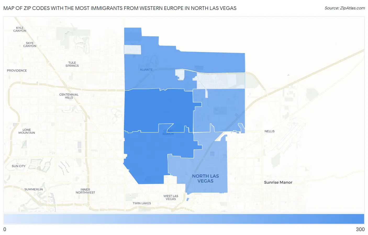Zip Codes with the Most Immigrants from Western Europe in North Las Vegas Map