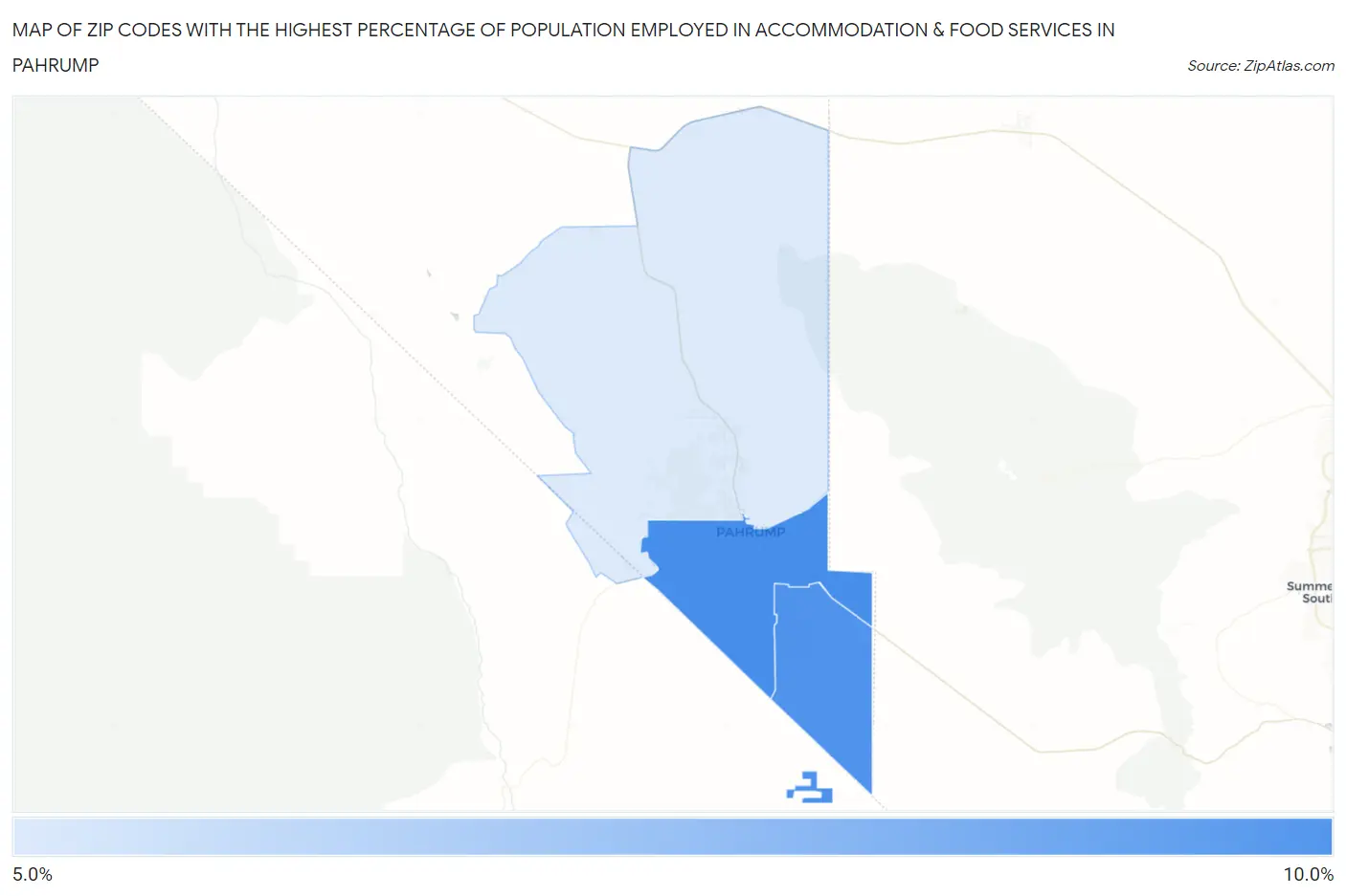 Zip Codes with the Highest Percentage of Population Employed in Accommodation & Food Services in Pahrump Map