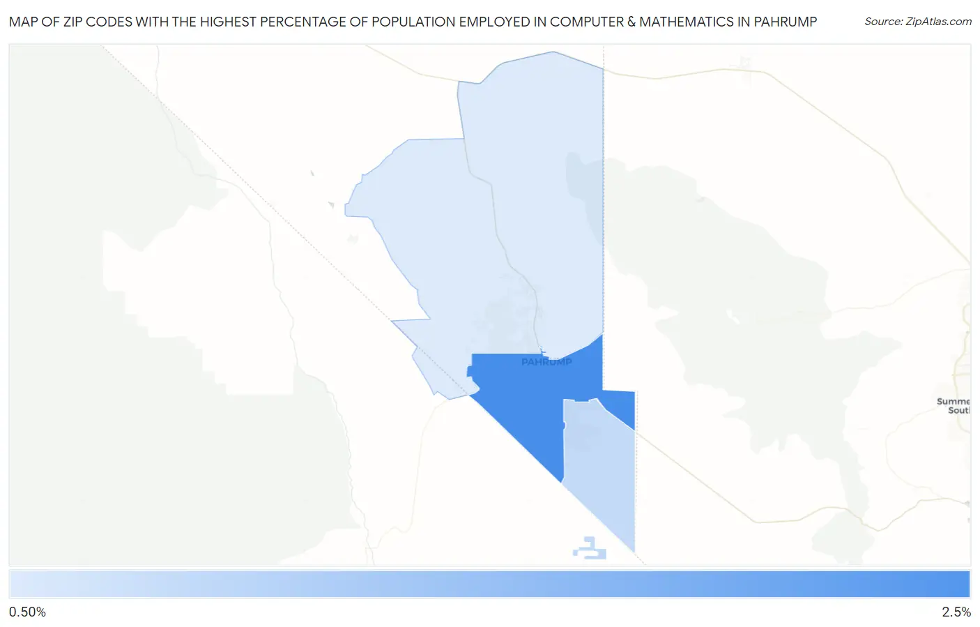 Zip Codes with the Highest Percentage of Population Employed in Computer & Mathematics in Pahrump Map