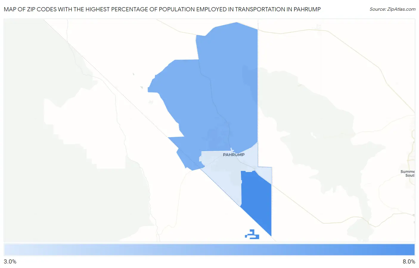 Zip Codes with the Highest Percentage of Population Employed in Transportation in Pahrump Map