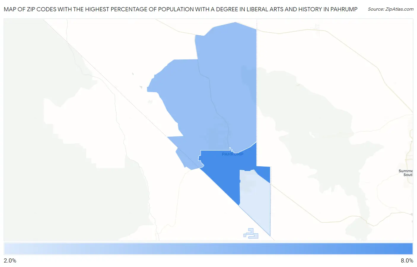 Zip Codes with the Highest Percentage of Population with a Degree in Liberal Arts and History in Pahrump Map