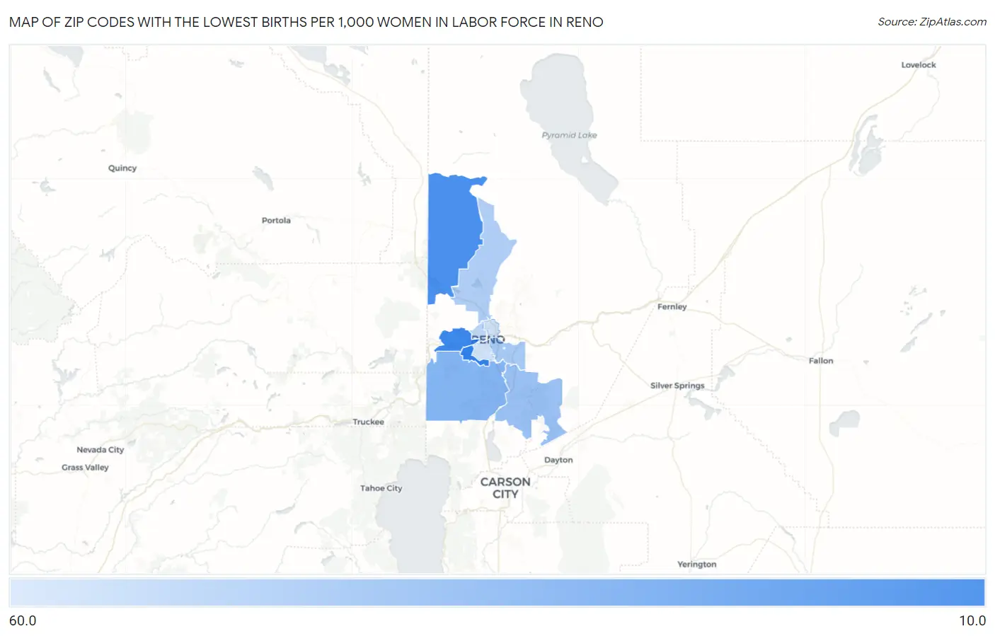 Zip Codes with the Lowest Births per 1,000 Women in Labor Force in Reno Map