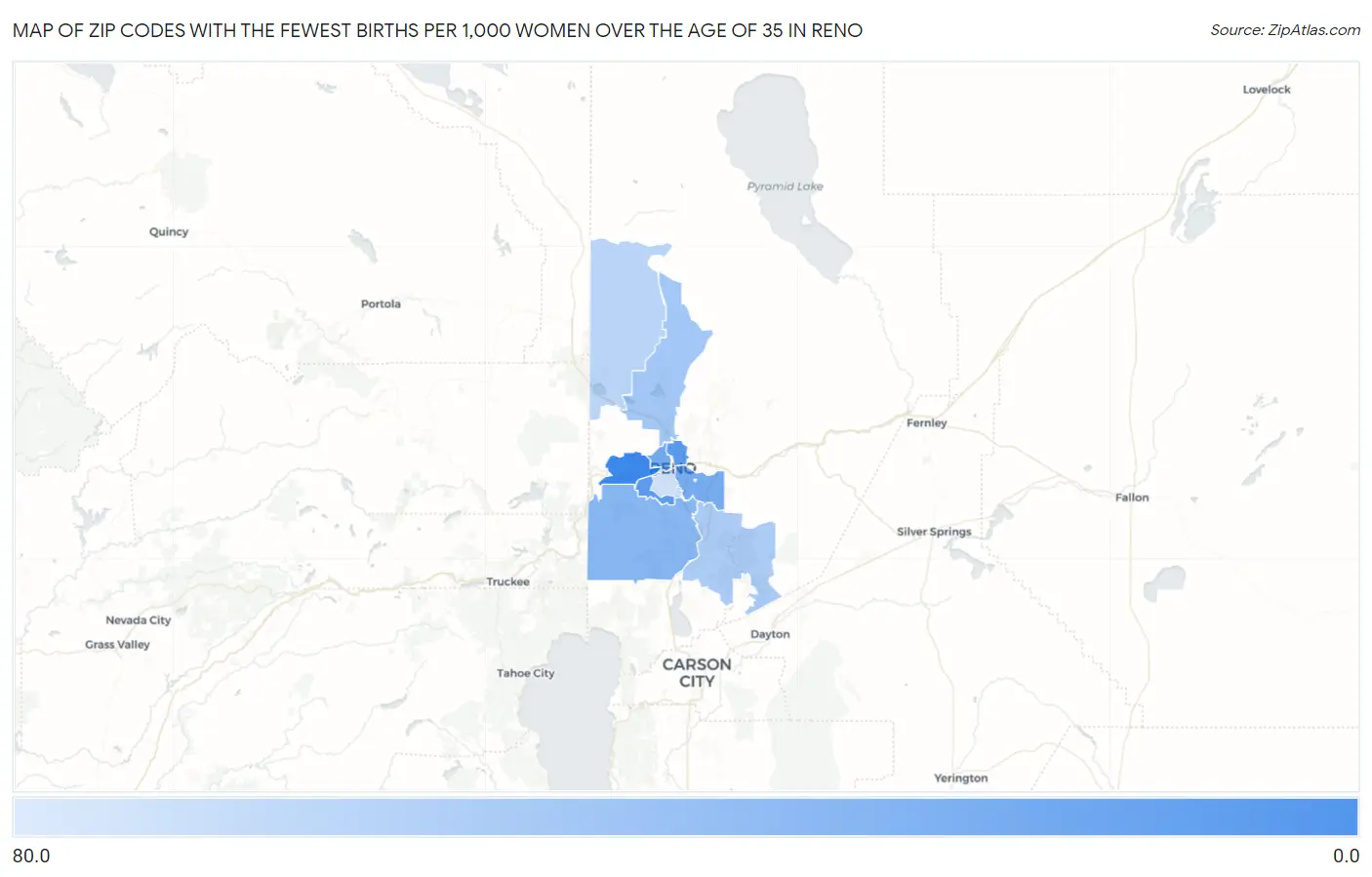 Zip Codes with the Fewest Births per 1,000 Women Over the Age of 35 in Reno Map