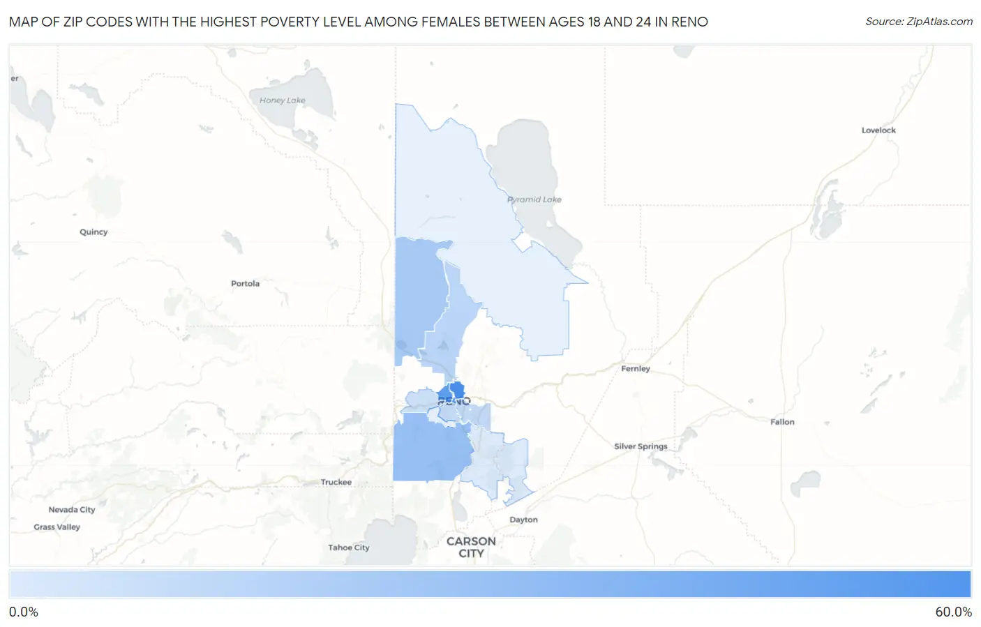 Zip Codes with the Highest Poverty Level Among Females Between Ages 18 and 24 in Reno Map