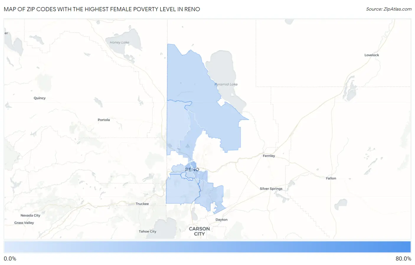 Zip Codes with the Highest Female Poverty Level in Reno Map