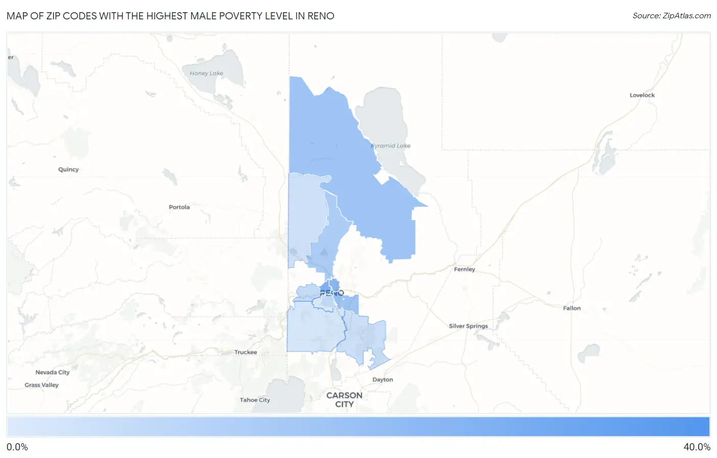 Zip Codes with the Highest Male Poverty Level in Reno Map