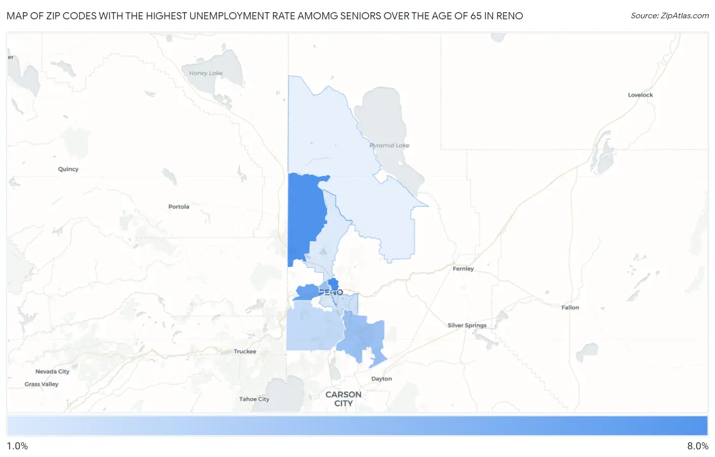 Zip Codes with the Highest Unemployment Rate Amomg Seniors Over the Age of 65 in Reno Map
