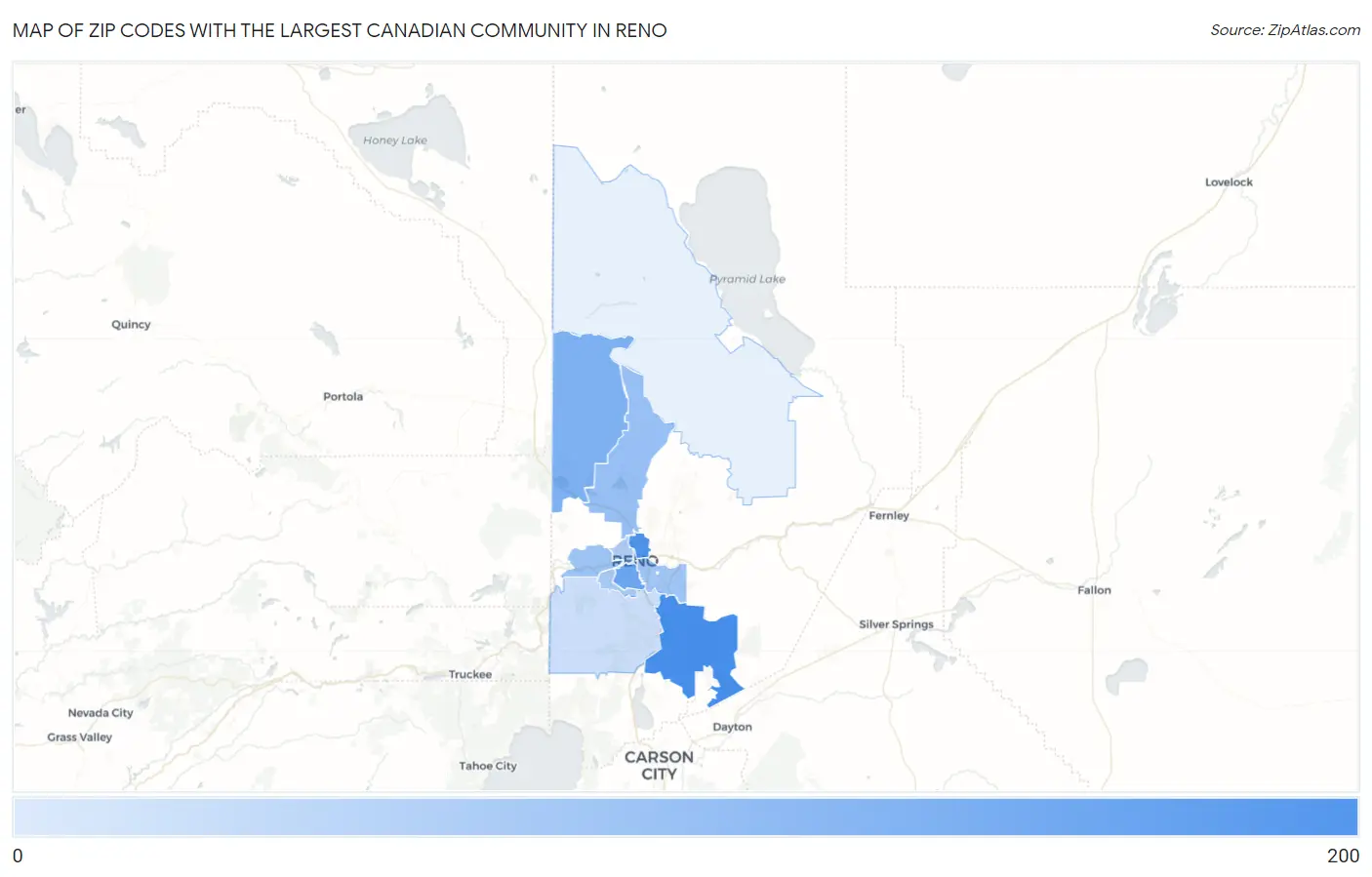 Zip Codes with the Largest Canadian Community in Reno Map