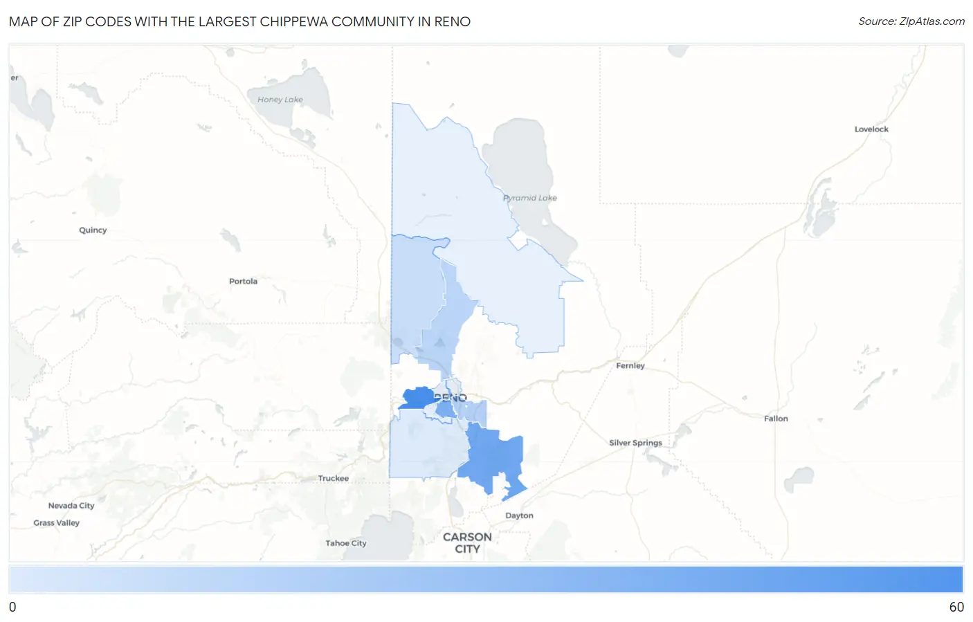 Zip Codes with the Largest Chippewa Community in Reno Map