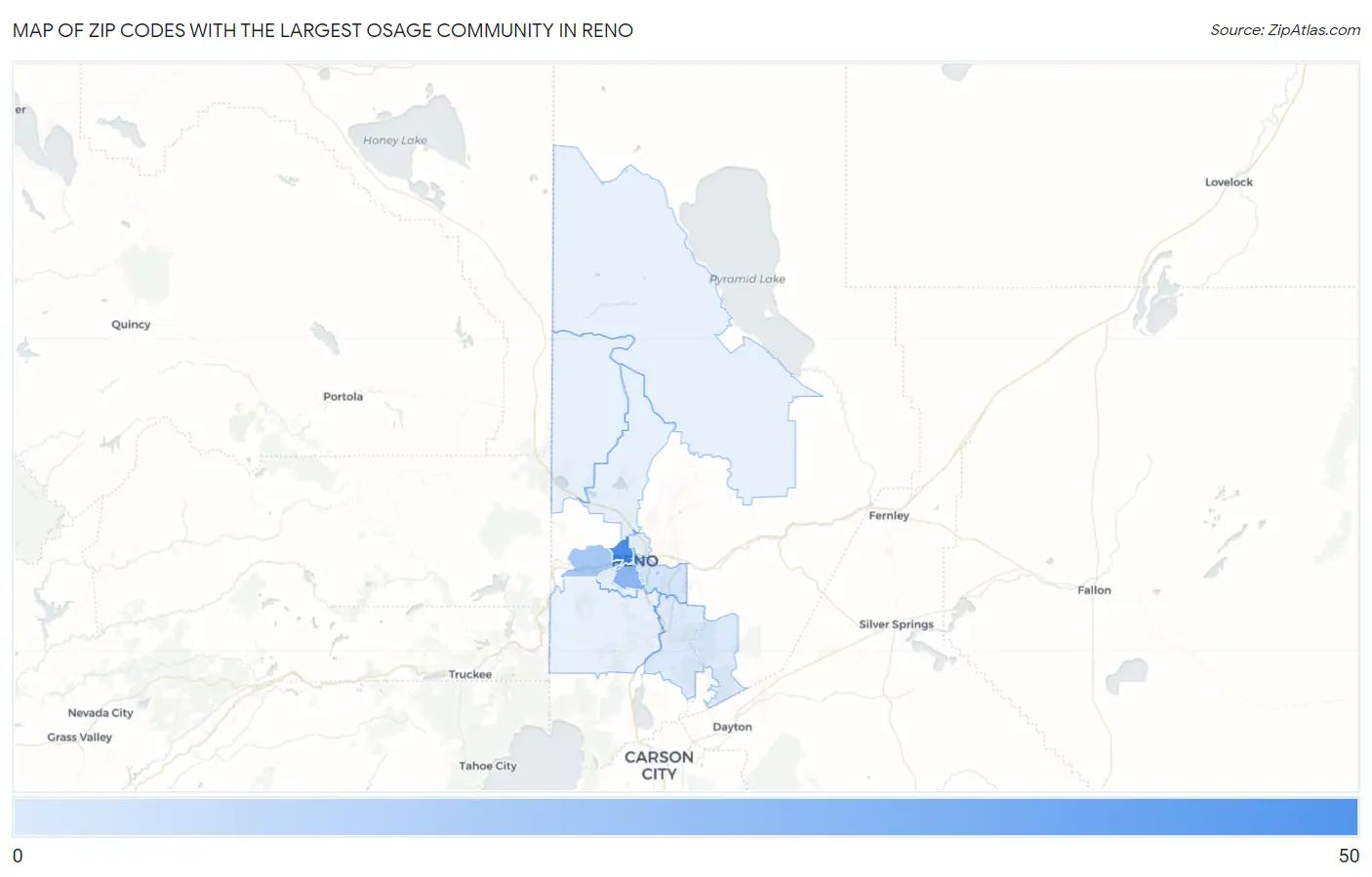 Zip Codes with the Largest Osage Community in Reno Map