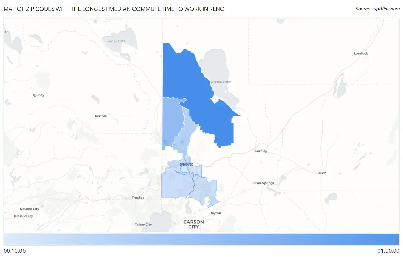 Zip Codes with the Longest Median Commute Time to Work in Reno Map