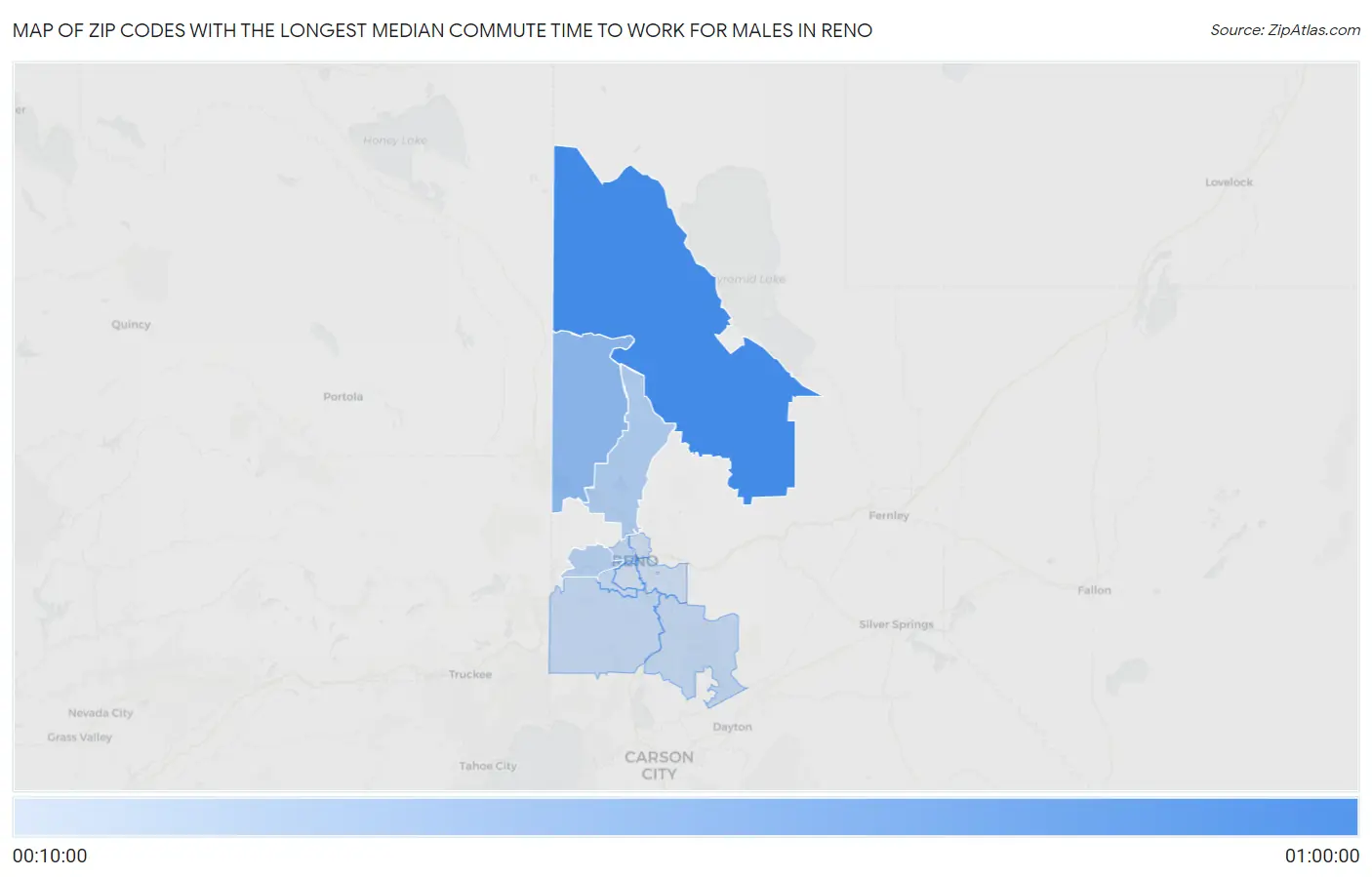 Zip Codes with the Longest Median Commute Time to Work for Males in Reno Map