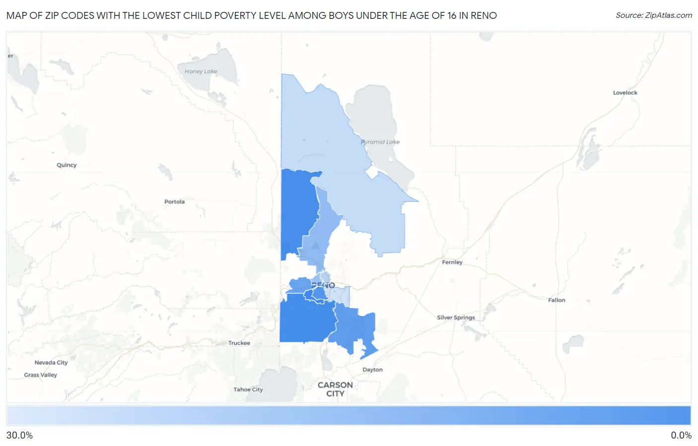 Zip Codes with the Lowest Child Poverty Level Among Boys Under the Age of 16 in Reno Map