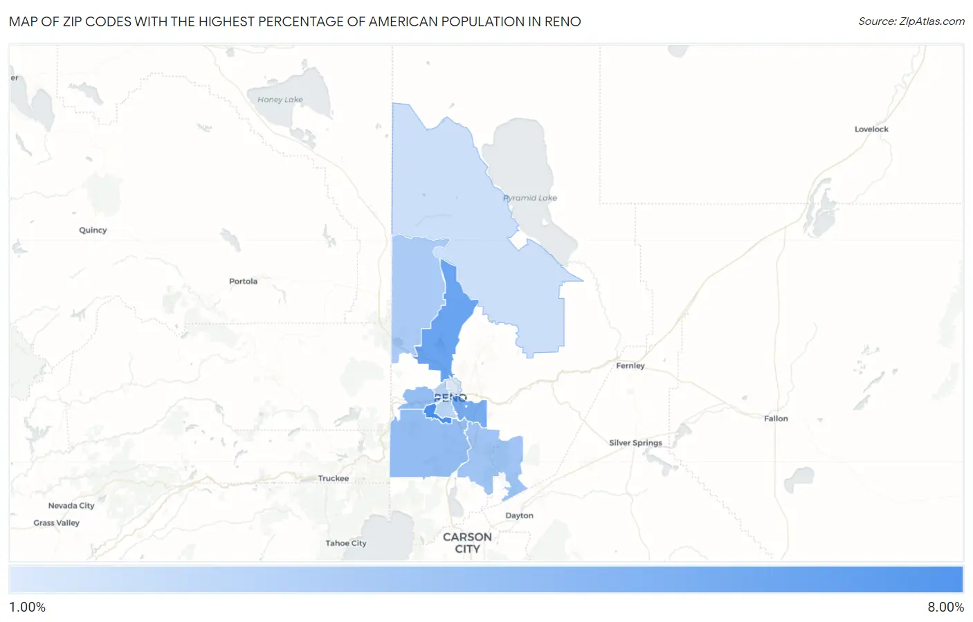 Zip Codes with the Highest Percentage of American Population in Reno Map