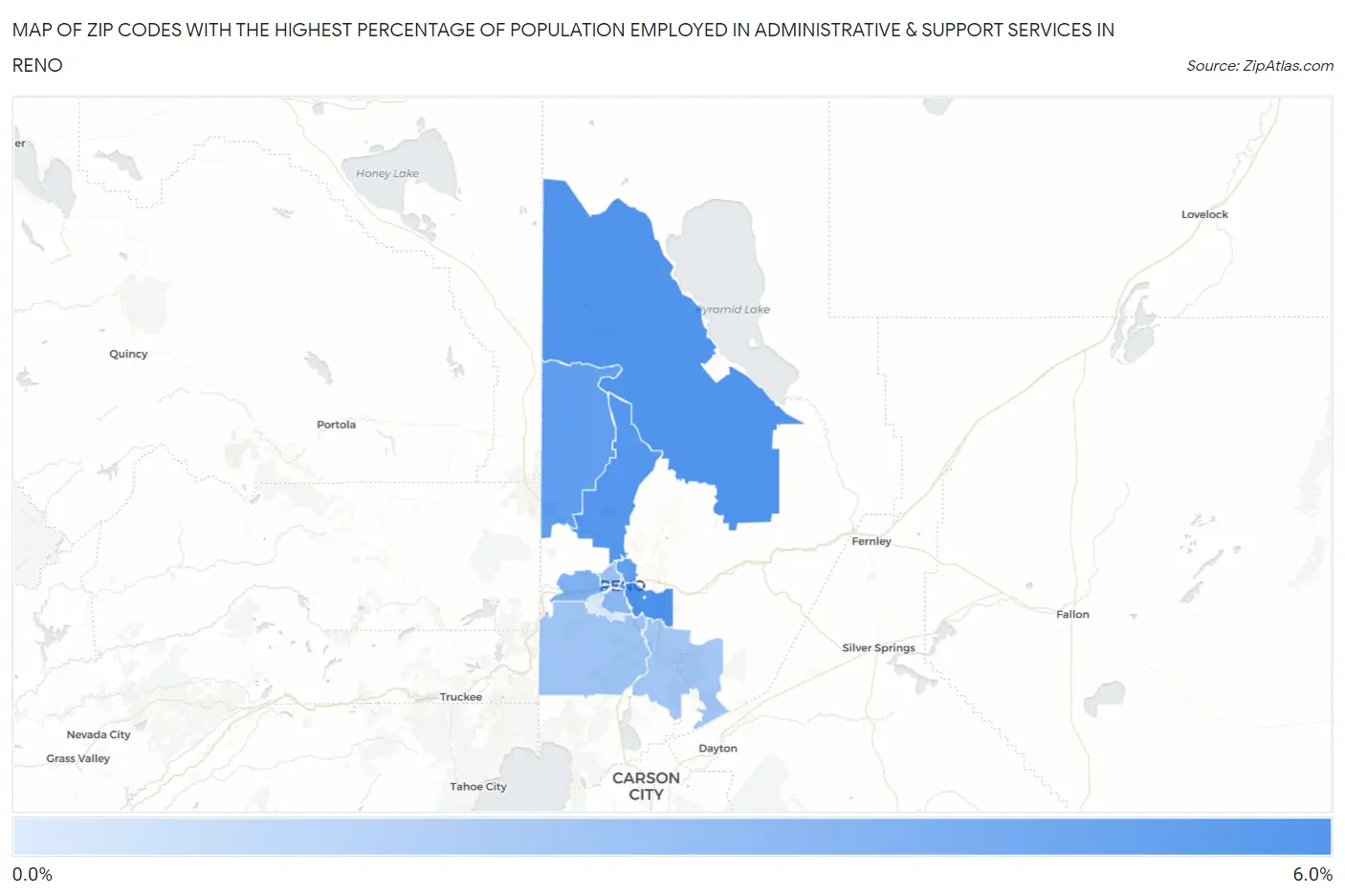 Zip Codes with the Highest Percentage of Population Employed in Administrative & Support Services in Reno Map
