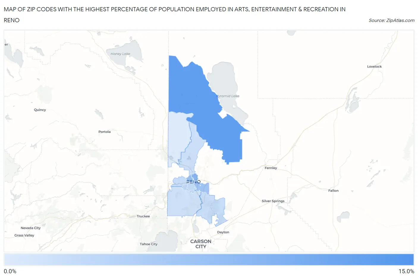 Zip Codes with the Highest Percentage of Population Employed in Arts, Entertainment & Recreation in Reno Map