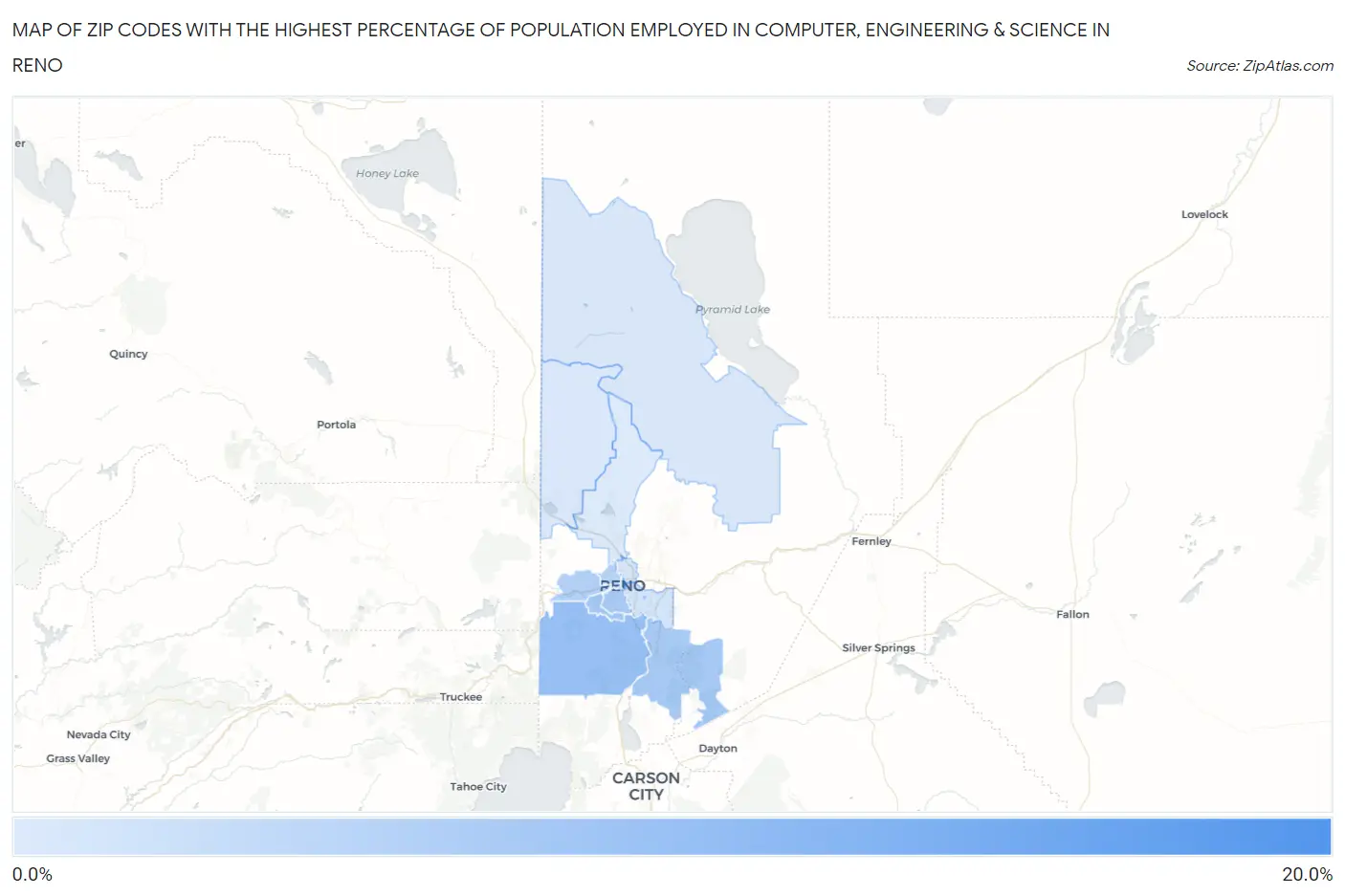 Zip Codes with the Highest Percentage of Population Employed in Computer, Engineering & Science in Reno Map