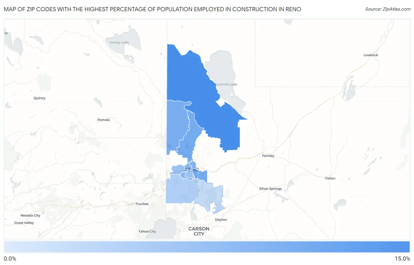 Zip Codes with the Highest Percentage of Population Employed in Construction in Reno Map