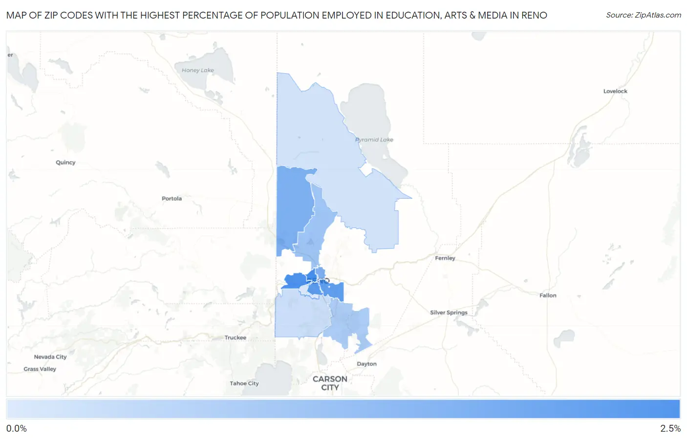 Zip Codes with the Highest Percentage of Population Employed in Education, Arts & Media in Reno Map