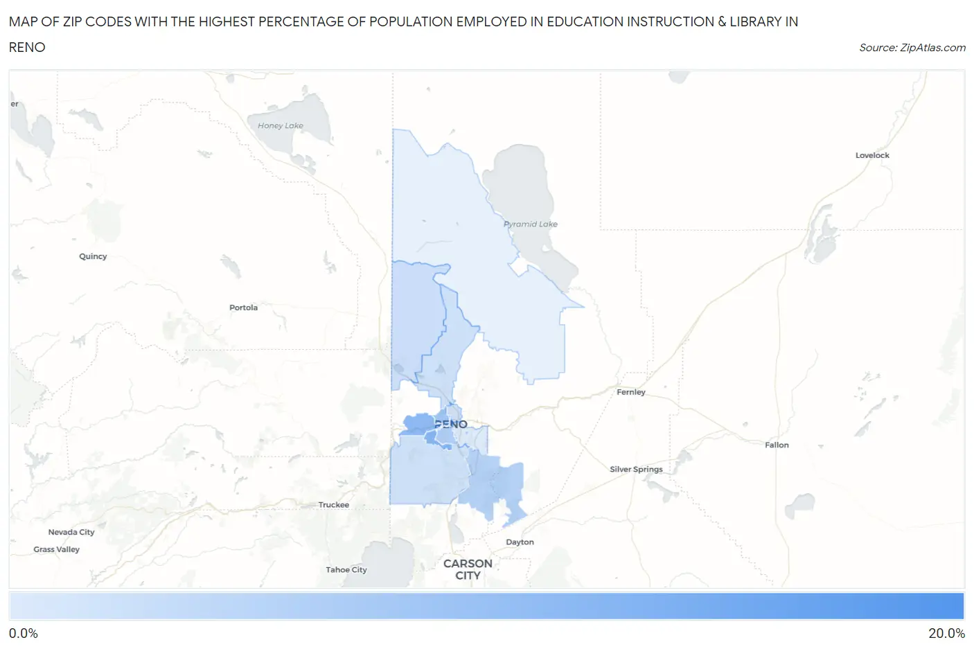 Zip Codes with the Highest Percentage of Population Employed in Education Instruction & Library in Reno Map