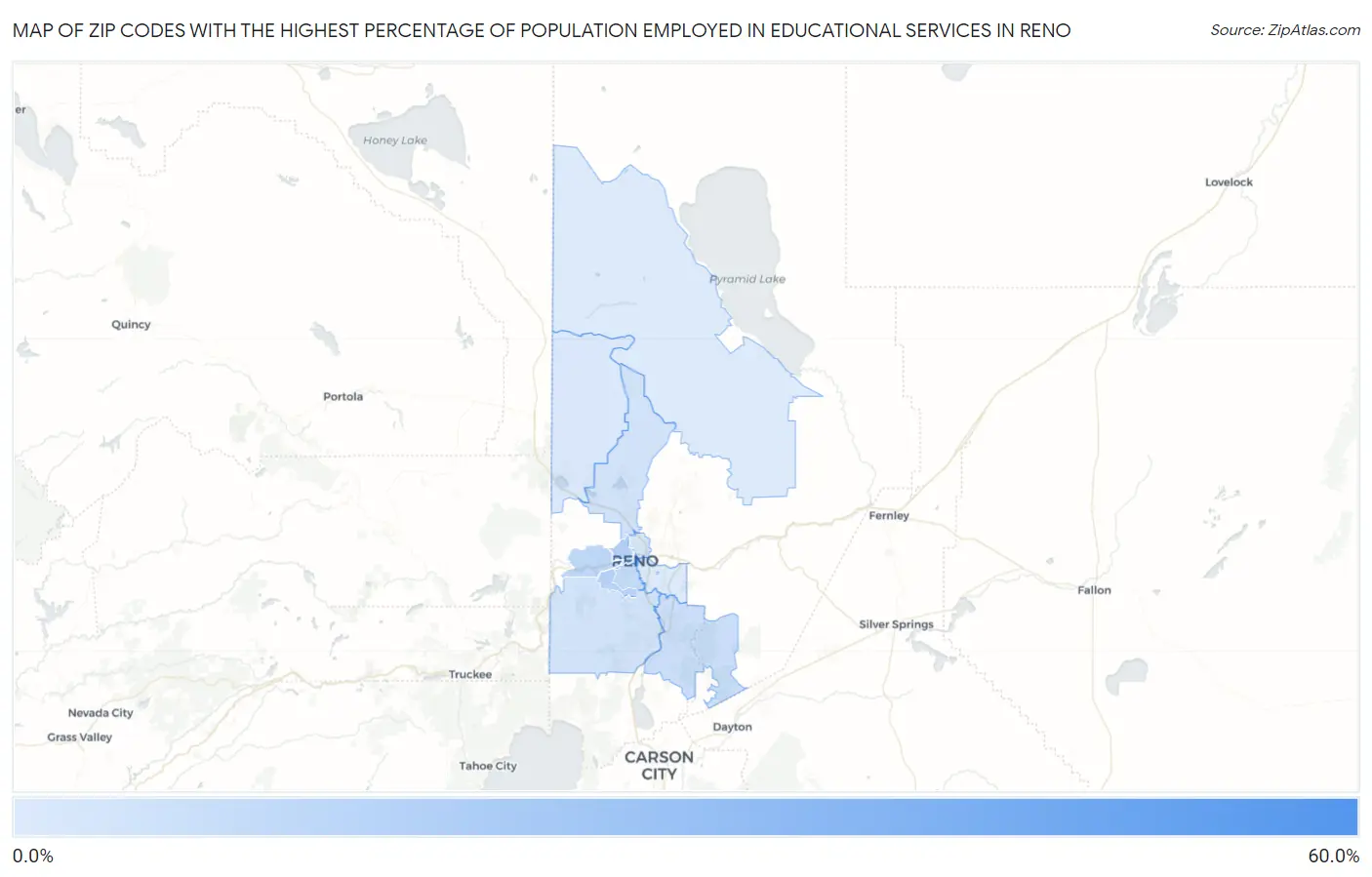 Zip Codes with the Highest Percentage of Population Employed in Educational Services in Reno Map
