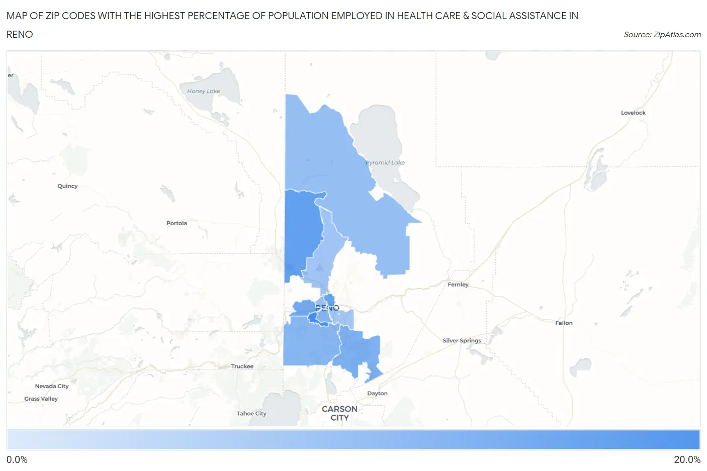 Zip Codes with the Highest Percentage of Population Employed in Health Care & Social Assistance in Reno Map