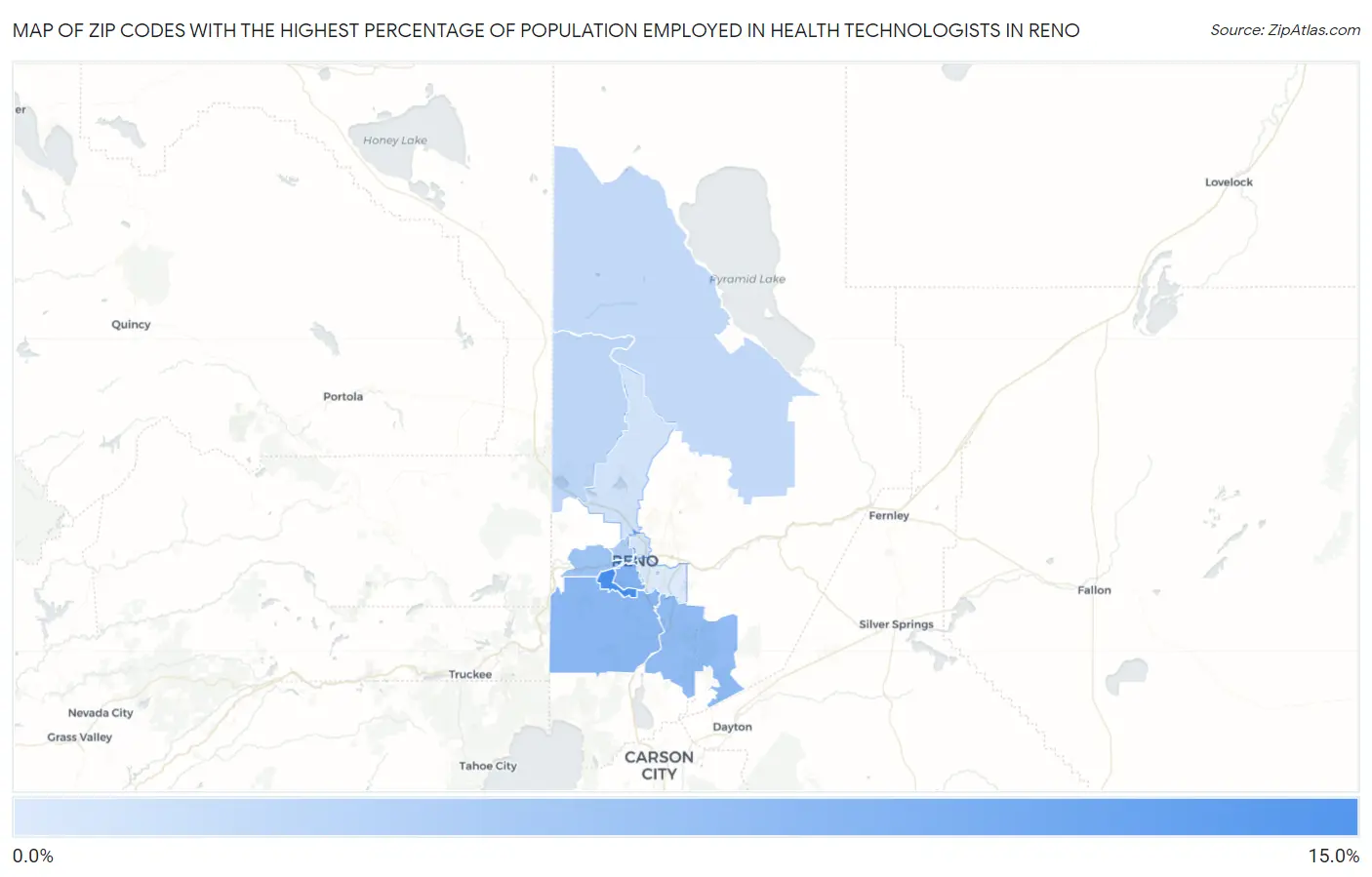 Zip Codes with the Highest Percentage of Population Employed in Health Technologists in Reno Map