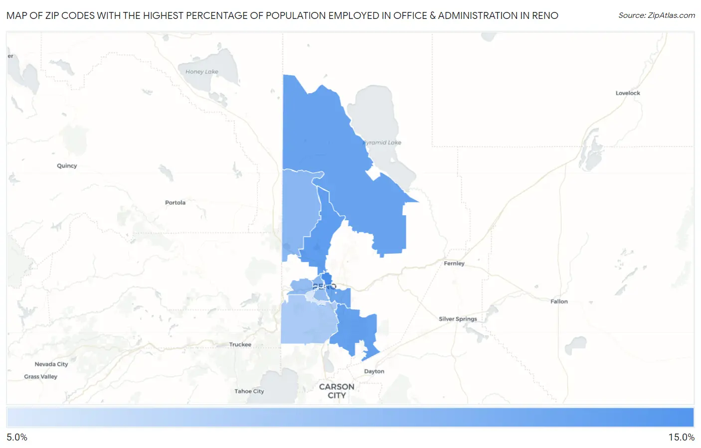 Zip Codes with the Highest Percentage of Population Employed in Office & Administration in Reno Map