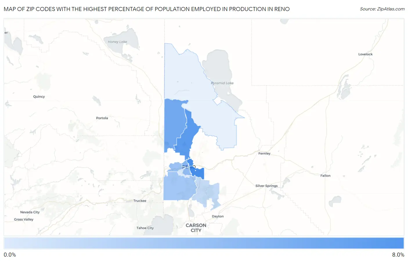 Zip Codes with the Highest Percentage of Population Employed in Production in Reno Map
