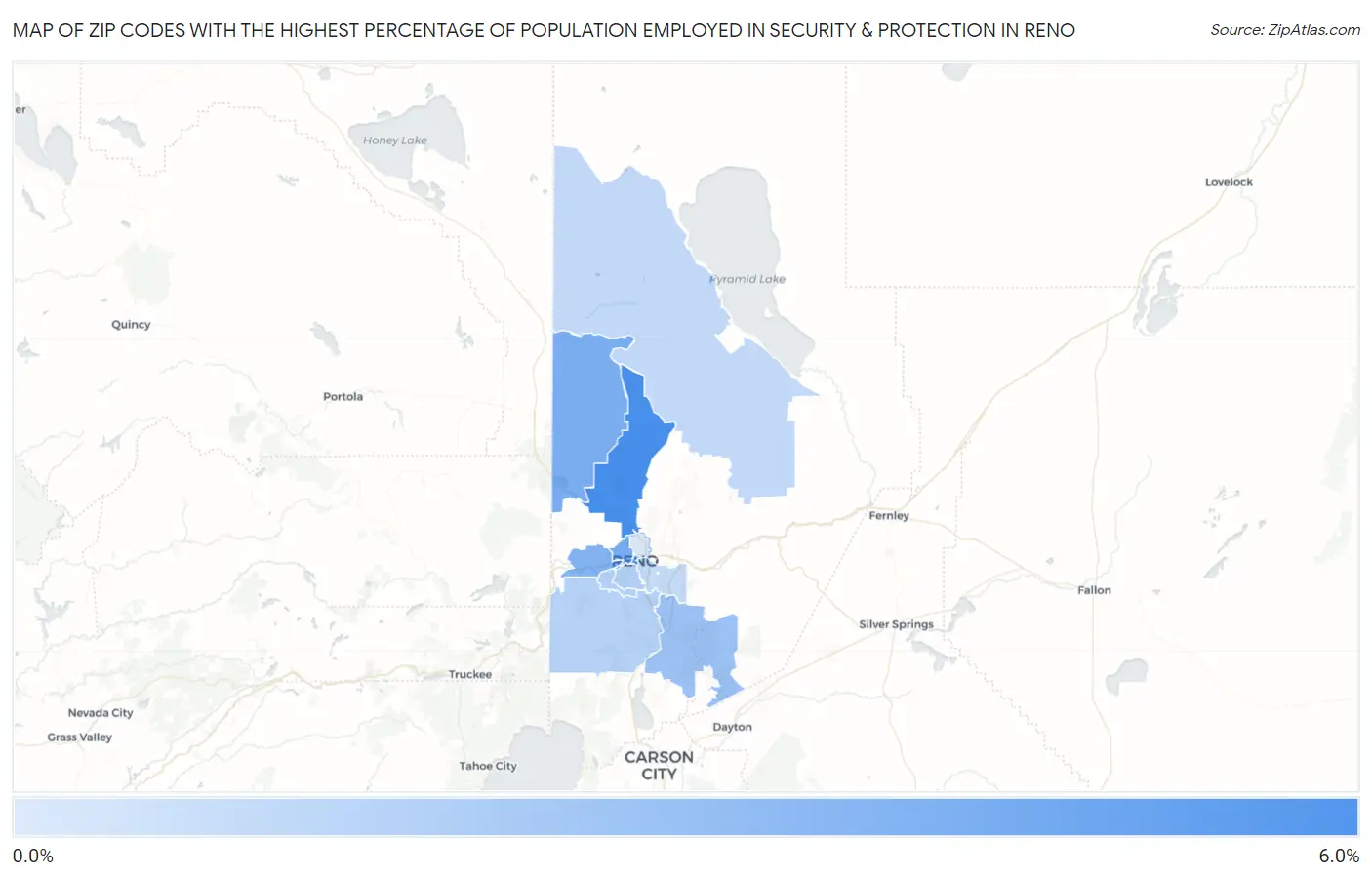 Zip Codes with the Highest Percentage of Population Employed in Security & Protection in Reno Map
